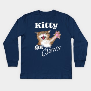 Kitty got Claws - white text Kids Long Sleeve T-Shirt